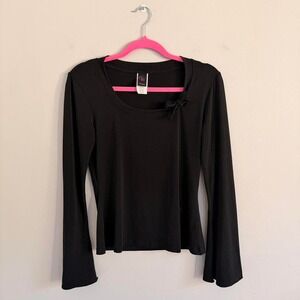 Y2K BLACK WRAPPER BOW DETAIL FLARE SLEEVE TOP